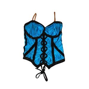 Jordy Blue Satin Corset Lace Up Top S XS Rhinestone Club Dance Y2K Rave Glamor